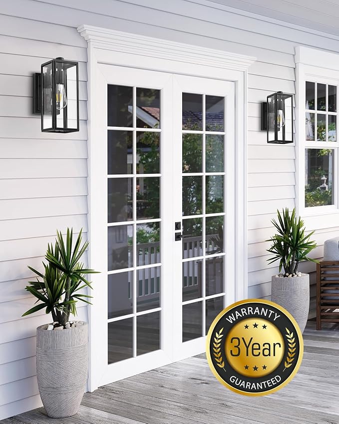 VIANIS Outdoor Wall Light Fixtures,Dusk to Dawn Outdoor Wall Lanterns,Anti-Rust Wall Mounted Lighting with Glass Shade, Black Wall Lamp with E26 Socket for Porch, 2 Pack