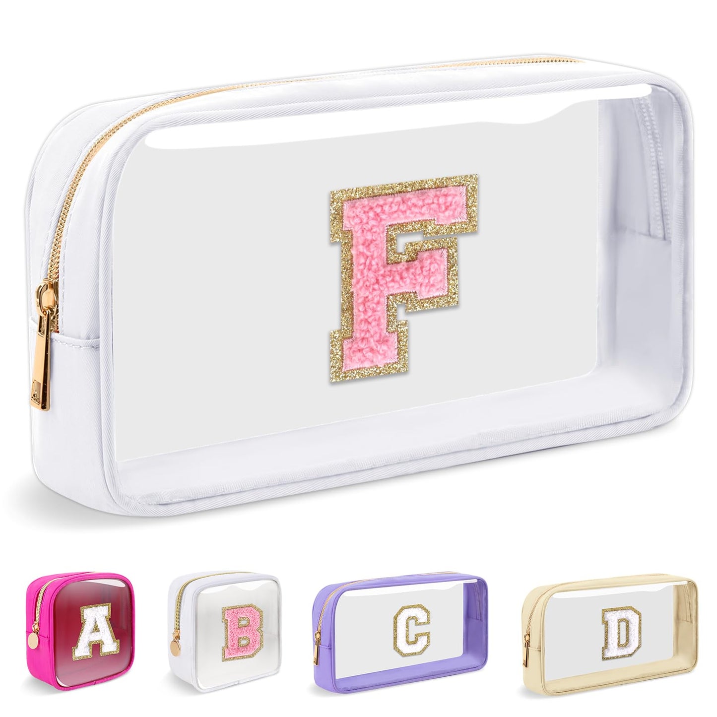 Small Clear Personalized Initial Makeup Bag,Nylon Preppy A-Z Chenille Letter Patch Cosmetic Pouch Beach Toiletry Bag,Waterproof Zipper Travel Purse Storage Bag Organizer for Women Girls(White-Pink F)