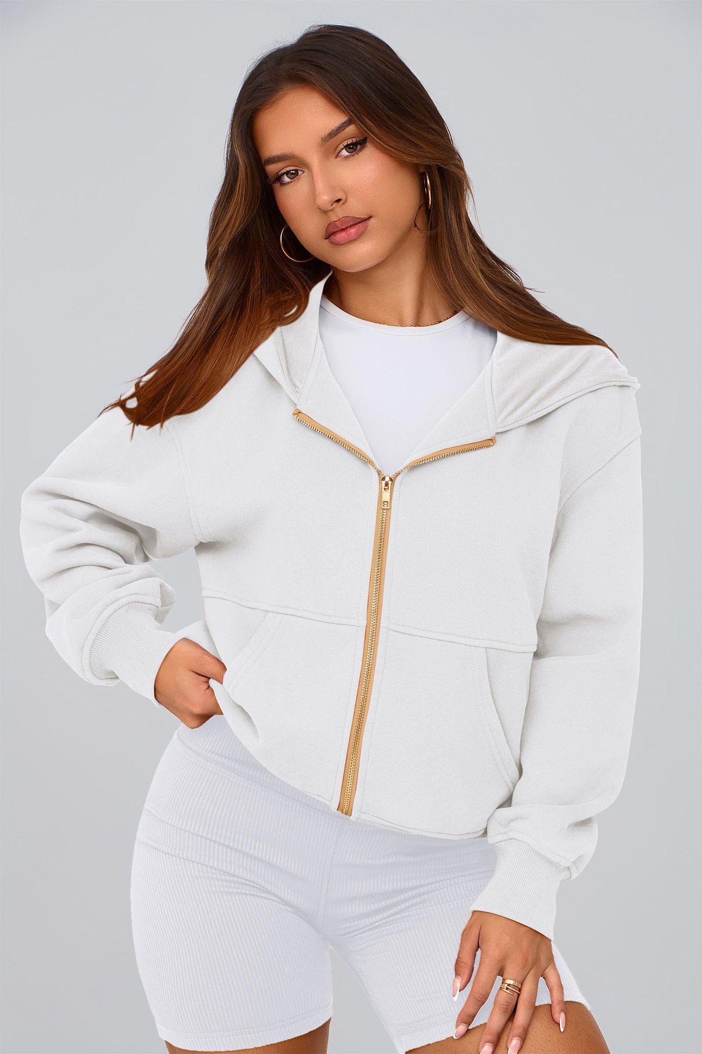 PRETTYGARDEN Women's Zip Up Hoodie Sweatshirt Y2K Fall Fashion Long Sleeve Loose Fit Casual Trendy Jackets Winter Clothing (White,Small)