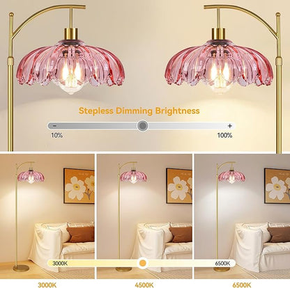 Floor Lamp for Living Room,Bedroom,Gold Dimmable Standing Lamp with Remote,Mid Century Modern Brass Tall Lamp Retro Vintage Pink Glass Lamp Floor Light Boho Bohemian