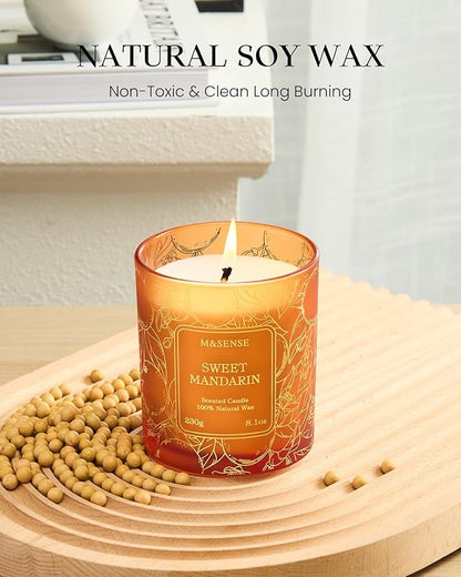 M&SENSE Citrus Scented Soy Candles,Vegan,No Toxin,8.1oz 42-Hour Slow Burning Time,Sweet Mandarin Heavy Scented Candle,Air Purifying Aromatherapy Office Home Fragrance