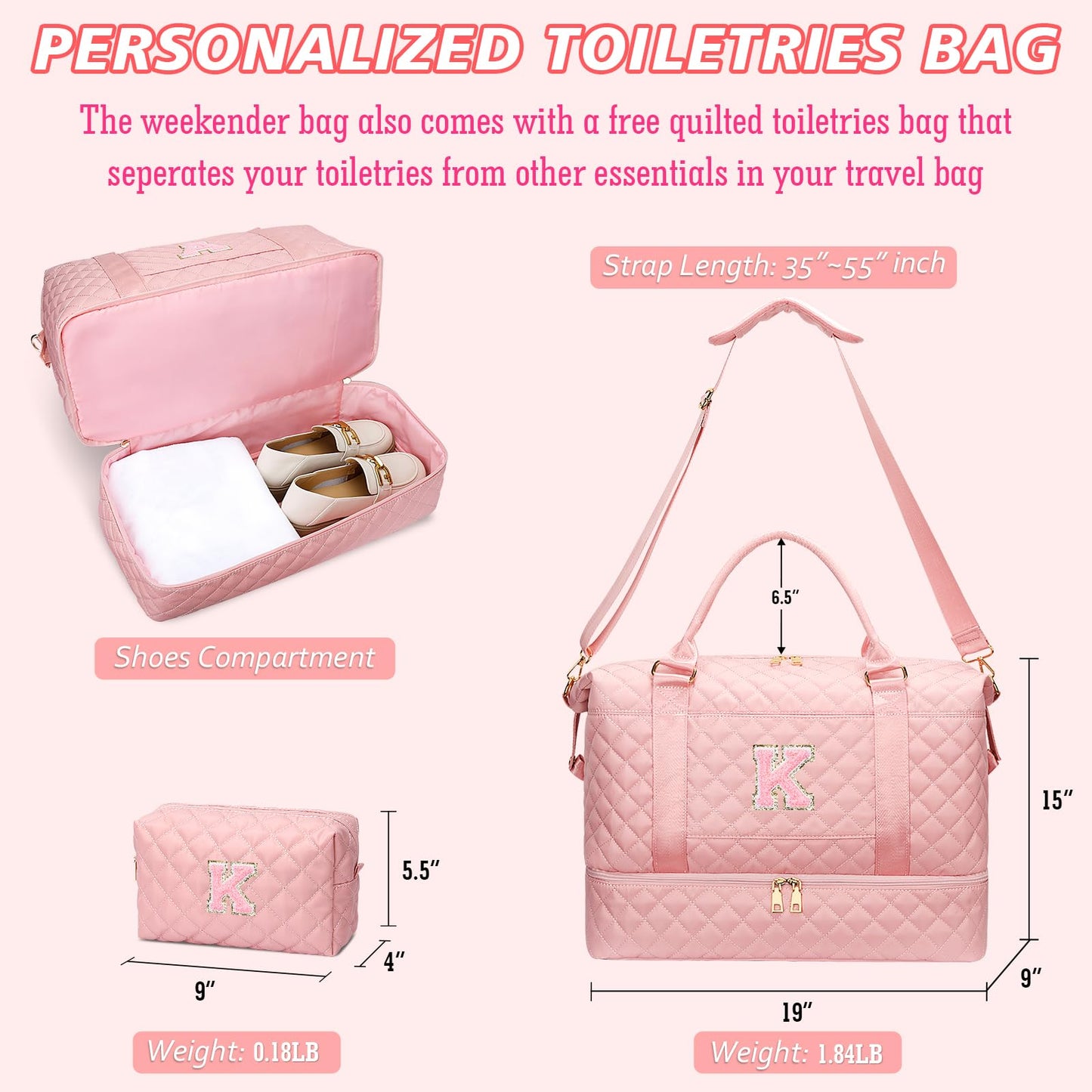 CLOUDWINGS Gifts for Women Girls Initial Travel Duffle Bag Quilted Weekender Carry-On Overnight with Cosmetic Bag, Gym Bag with Shoe Compartment, Pink K