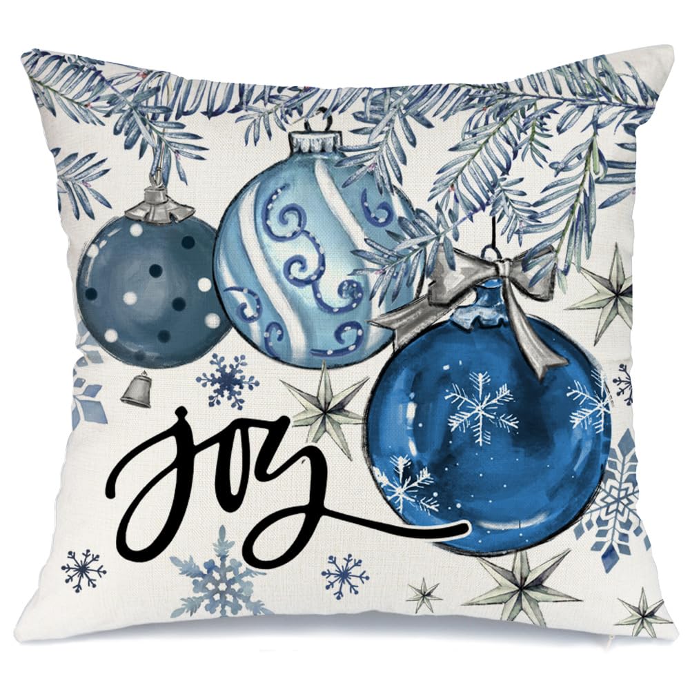 AACORS Christmas Pillow Cover 20X20 Inch Baubles Christmas Tree Stars Joy Decoration Holiday Farmhouse Winter Pillow Case for Sofa Couch Decor（Blue） AA614-20