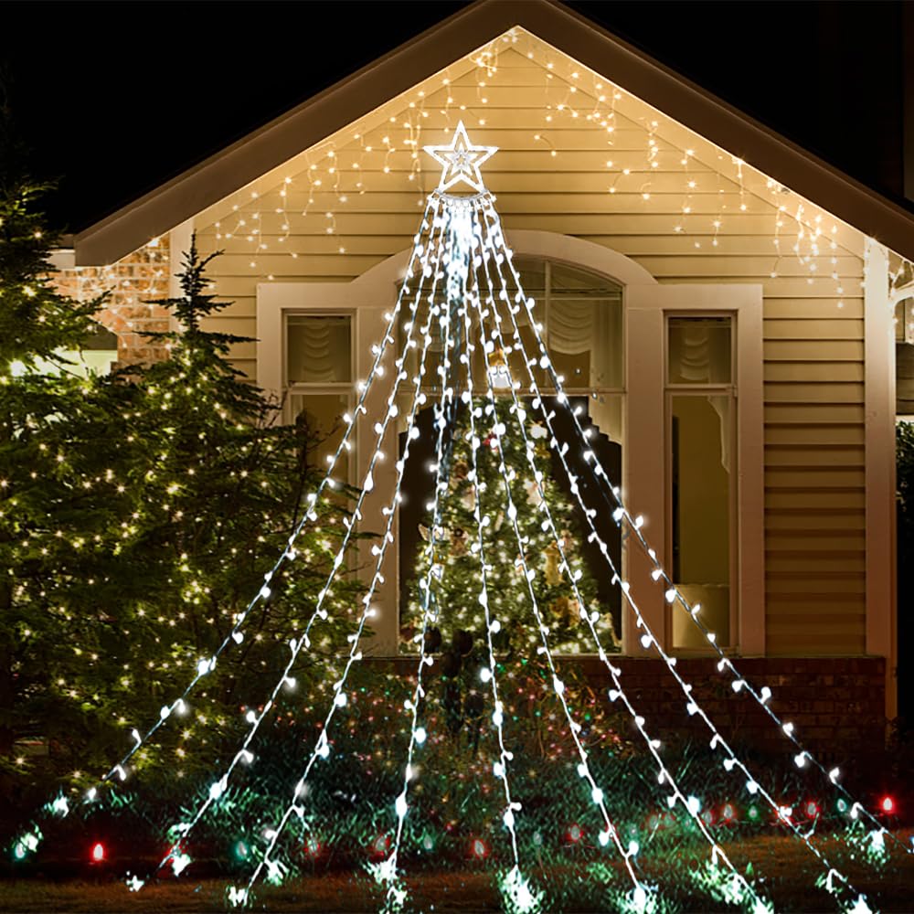 Aokudoni Christmas Decorations Outside, 12.6FT 350 LED 8 Modes Star Christmas Lights Outdoor for House Yard Porch Holiday Decoration, Cool White
