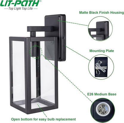 LIT-PaTH Outdoor Wall Lantern, Wall Sconce as Porch Lighting Fixture, E26 Medium Base Max 60W, Anti-Rust Metal with Glass Shade, Black, 1-Pack