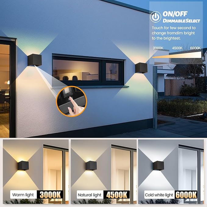 Outdoor Wall Lights & Indoor Wall Sconce,3000K/4000K/6500K Square Wall Sconces Lighting,4.33 In 1300LM Up Down Outdoor Wall Sconce Lights,ETL Listed,Adjustable Beam,Waterproof Rust-Resistant,1 Pack