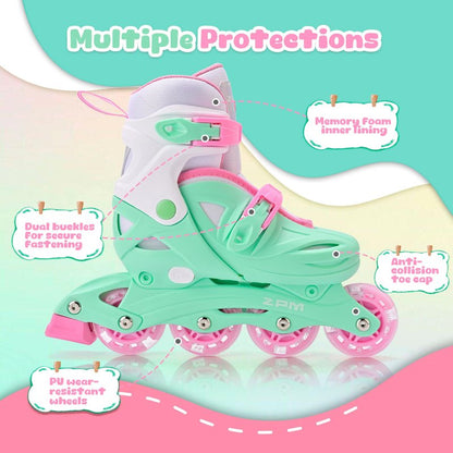 2PM SPORTS Inline Skates for Kids Ages 4-8 8-12 with Light Up Wheels, Adjustable Kids Roller Skates Blades for Youths Toddlers Beginners Indoor Outdoor - Green Large