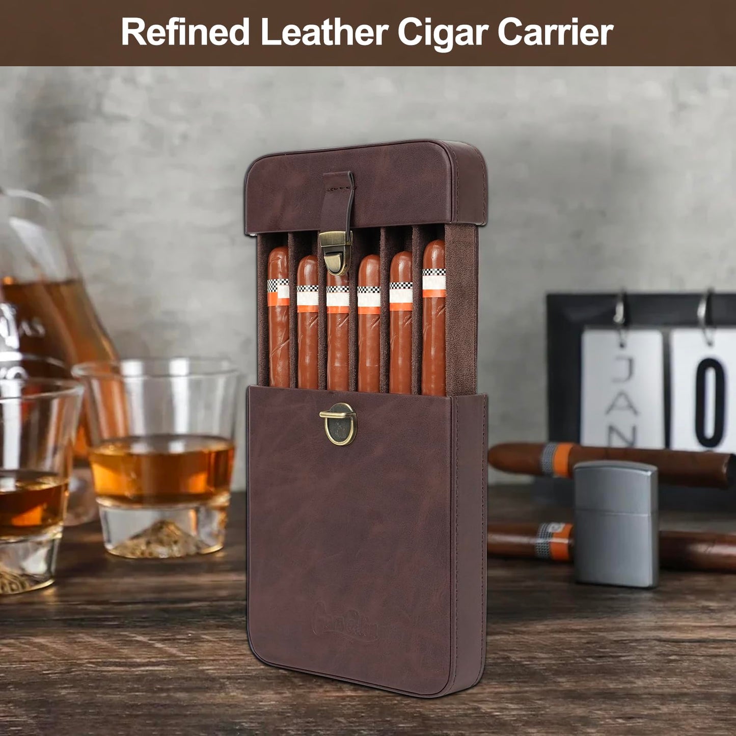 Gorvellin Cigar Case with Cutter, 2-in-1 Portable Cigar Travel Holder for 6 Cigars, Premium Cigar Accessories Gift Set for Men, Fathers, and Business Trips