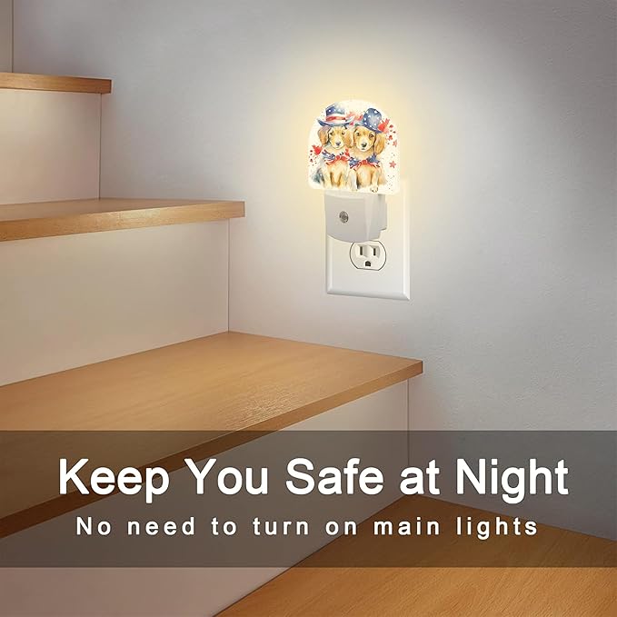 USA Flag Dog Couple Night Light Plug into Wall, American Patriotic Cute Dogs Dusk to Dawn Night Light Plug in,0.5w Energy Saving Sleep Friendly NightLight for Kids Boys Girls Home Decor