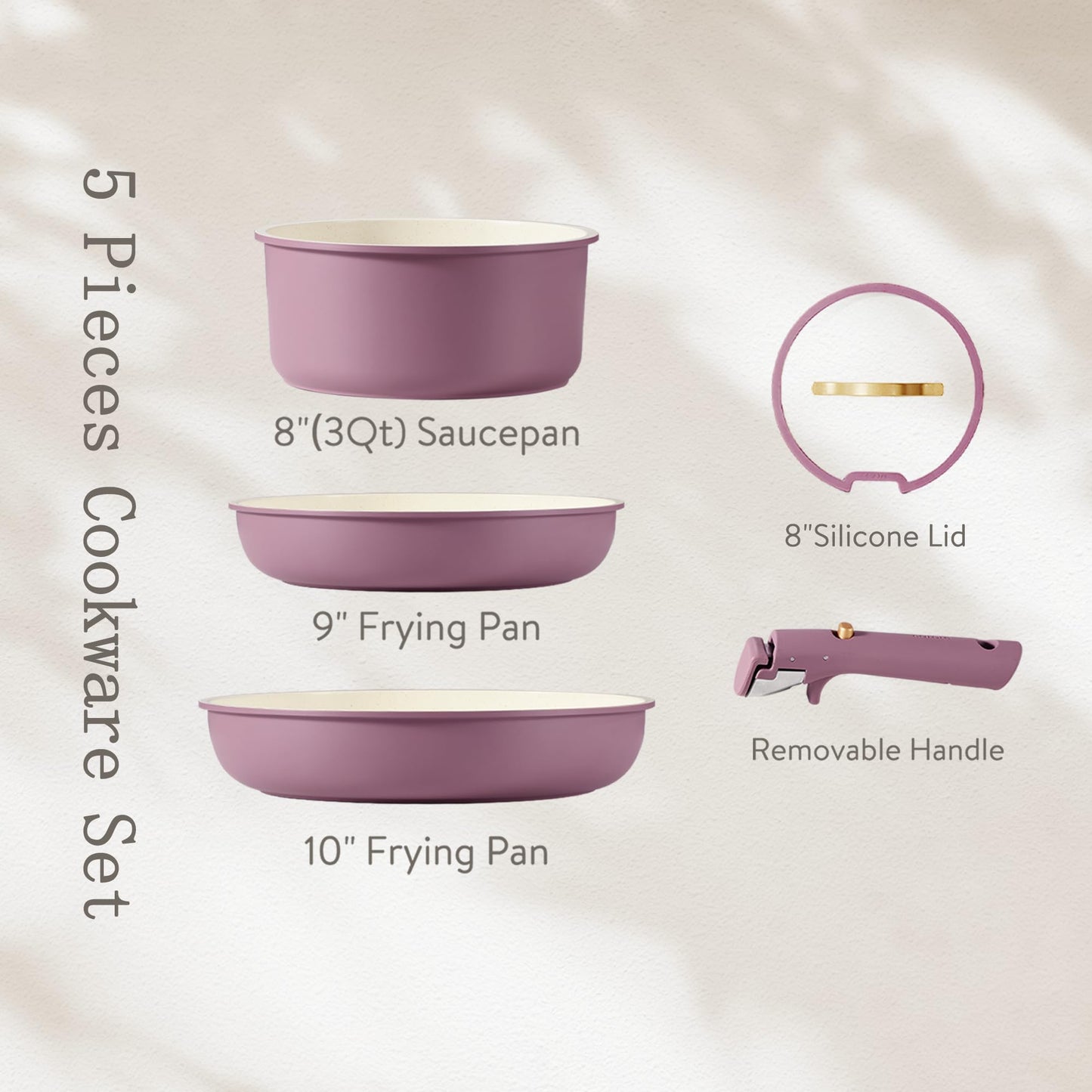 CAROTE 5pcs Pots and Pans Set, Nonstick Cookware Set Detachable Handle, Induction Kitchen Cookware Sets Non Stick with Removable Handle, RV Cookware Set, Gold and Purple