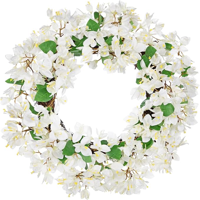 Briful Spring Wreaths for Front Door 18'' Fake Bougainvillea Flower Wreath Silk White Floral Hanging Wreath Outdoor Summer Wreath for Home Wall Fireplace Front Porch Patio Décor