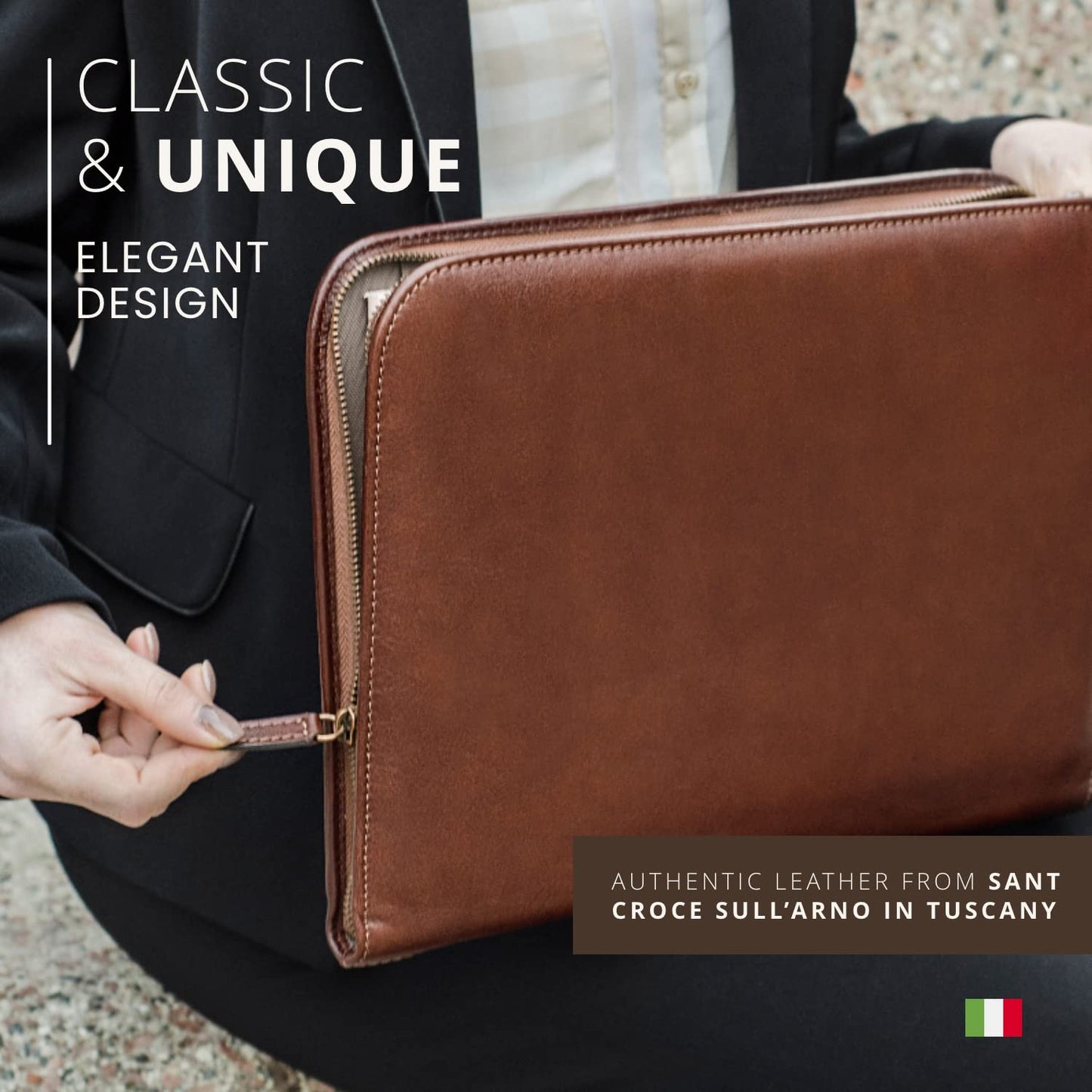 Premium Maruse Leather Portfolio Padfolio - Executive Folio for Men and Women with Zipper, Folio Document Organizer, Laptop Sleeve, iPad Case and Folder - Made in Italy, Black