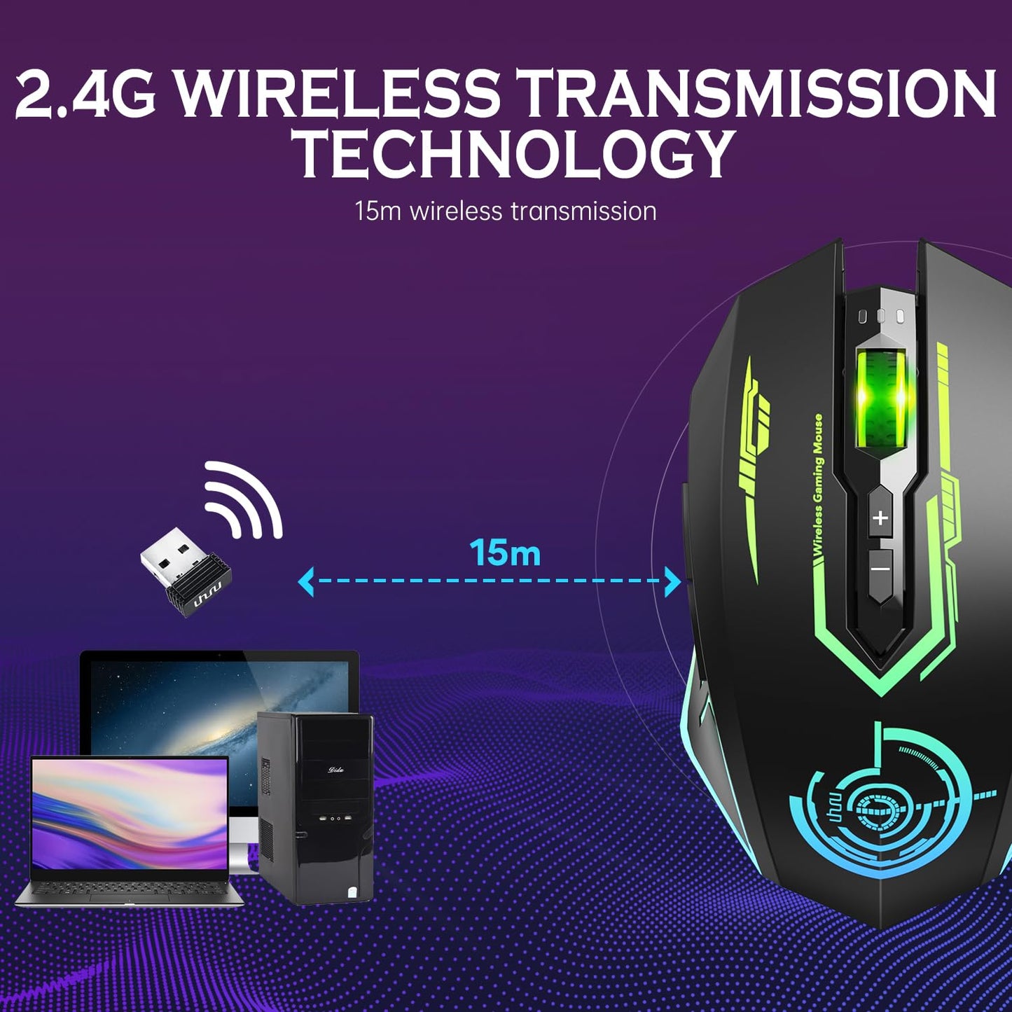 UHURU Wireless Gaming Mouse Up to 12000 DPI, Rechargeable USB-C Wireless Mouse with 7 Buttons 7 Dynamic LED Color Ergonomic Programmable MMO RPG for PC Laptop, Compatible with Windows Mac