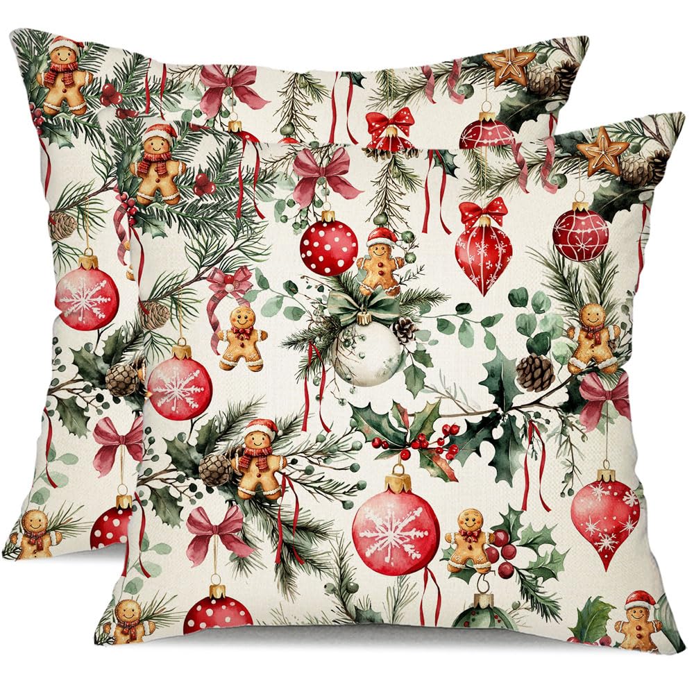 DFXSZ Christmas Pillow Covers 18x18 Inch Set of 2 Pine Branches with Pine Cones Xmas Balls Decorative White Throw Pillows Winter Christmas Decor for Home Couch ST025A18
