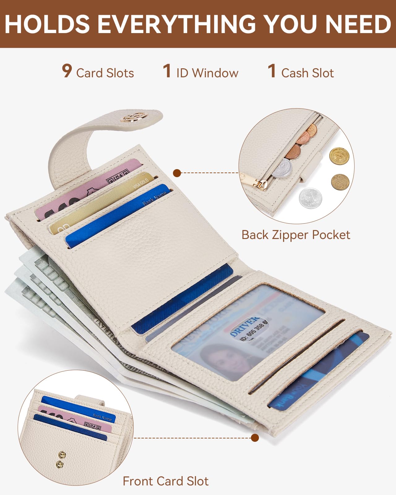 BOSTANTEN Slim Wallet for Women Small RFID Blocking Credit Card Holder Leather Bifold Wallets with Zipper Coin Pocket Beige
