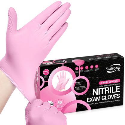 SwiftGrip Nitrile Exam Gloves, 4 Mil, Medium, Cherry Blossom, Food Safe Gloves Disposable Latex Free, Powder Free for Cleaning Supplies, Esthetician, Hair Dye, Tattoo Supplies (Box of 50)