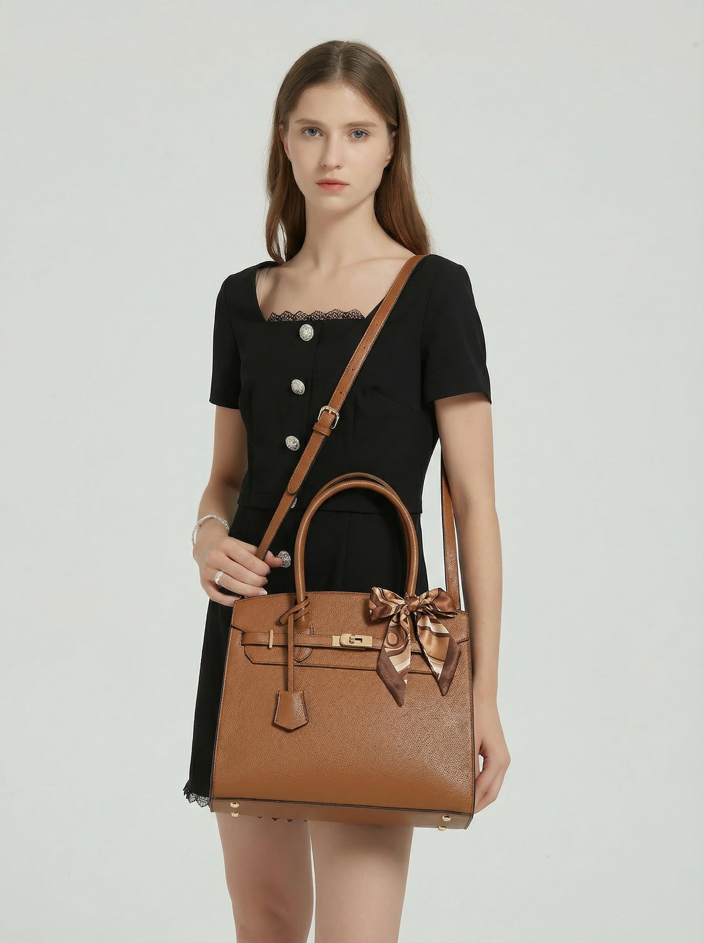 Designer Classic Top Handbags For women, Shoulder Purses For Ladies, Adjustable Strap Work Satchel with Wallet, BROWN
