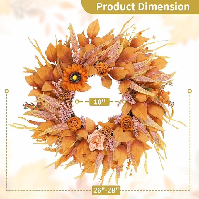 Fall Wreaths for Front Door 26 Inch, Front Door Wreath with Sunflowers Roses and Realistic Full Leaves, Outdoor Wreaths for Front Door Porch Farmhouse Home Harvest Thanksgiving Decor