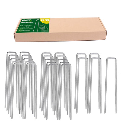 UPMCT 12 Inch Galvanized Garden Landscape Staples Stakes, 25 50 100 PCS Anti-Rust Garden Staples Tent Ground Stakes U-Shaped Landscape Pins for Secure Lawn Fabric, Decoration (25, 12 Inch)