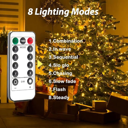 Warm White 100Ft Plug in Fairy Lights Silver Wire 300 LEDs, 8 Modes, Waterproof, Remote - Controlled for Bedroom, Garden, Party, Christmas, Wedding & Birthday Decor, Indoor & Outdoor Use