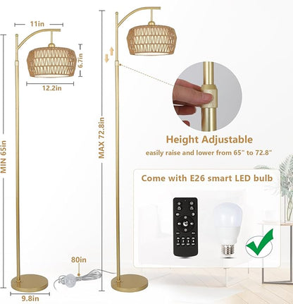 Gold Floor Lamps for Living Room, Boho Rattan Floor Lamp with Remote and Dimmable Bulb, 3 Color Temperatures, Modern Arc Standing Lamp with Wicker Shades, Farmhouse Tall Lamp for Bedroom