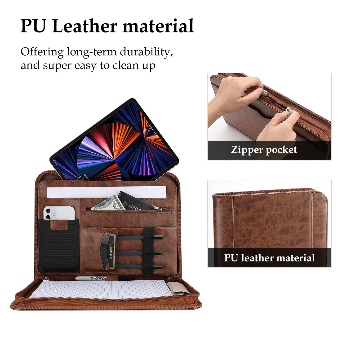 ProCase Portfolio Business Padfolio Folder with Zipper, Conference Meeting Executive File Legal Document Organizer with Pockets Letter Size A4 Writing Pad Notepad Padfolio -Brown
