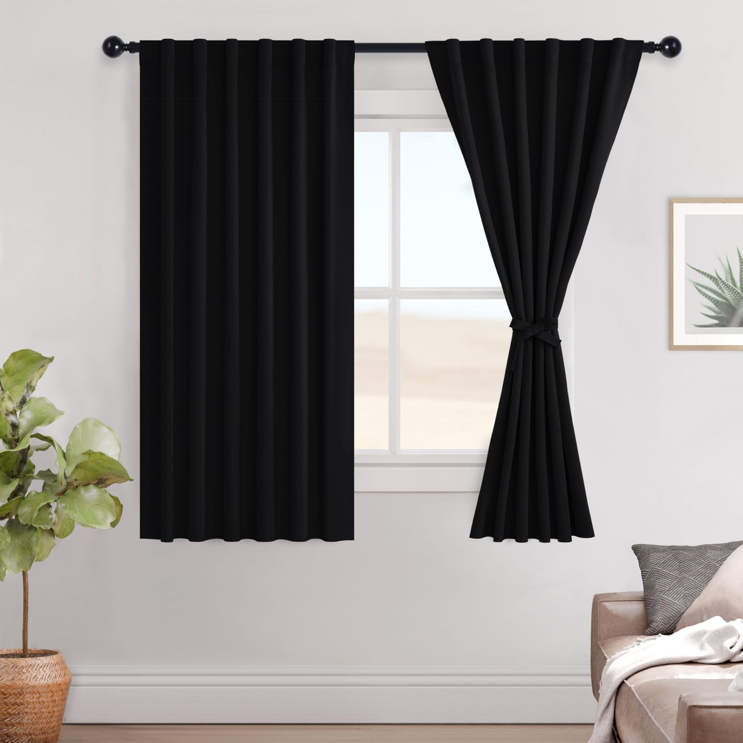 Hiasan Black Blackout Curtains Rod Pocket & Back Tab Halloween Curtains with Tiebacks Thermal Insulated Drapes for Living Room Bedroom Noise Reducing,52 inch Wide, Set of 2,Black