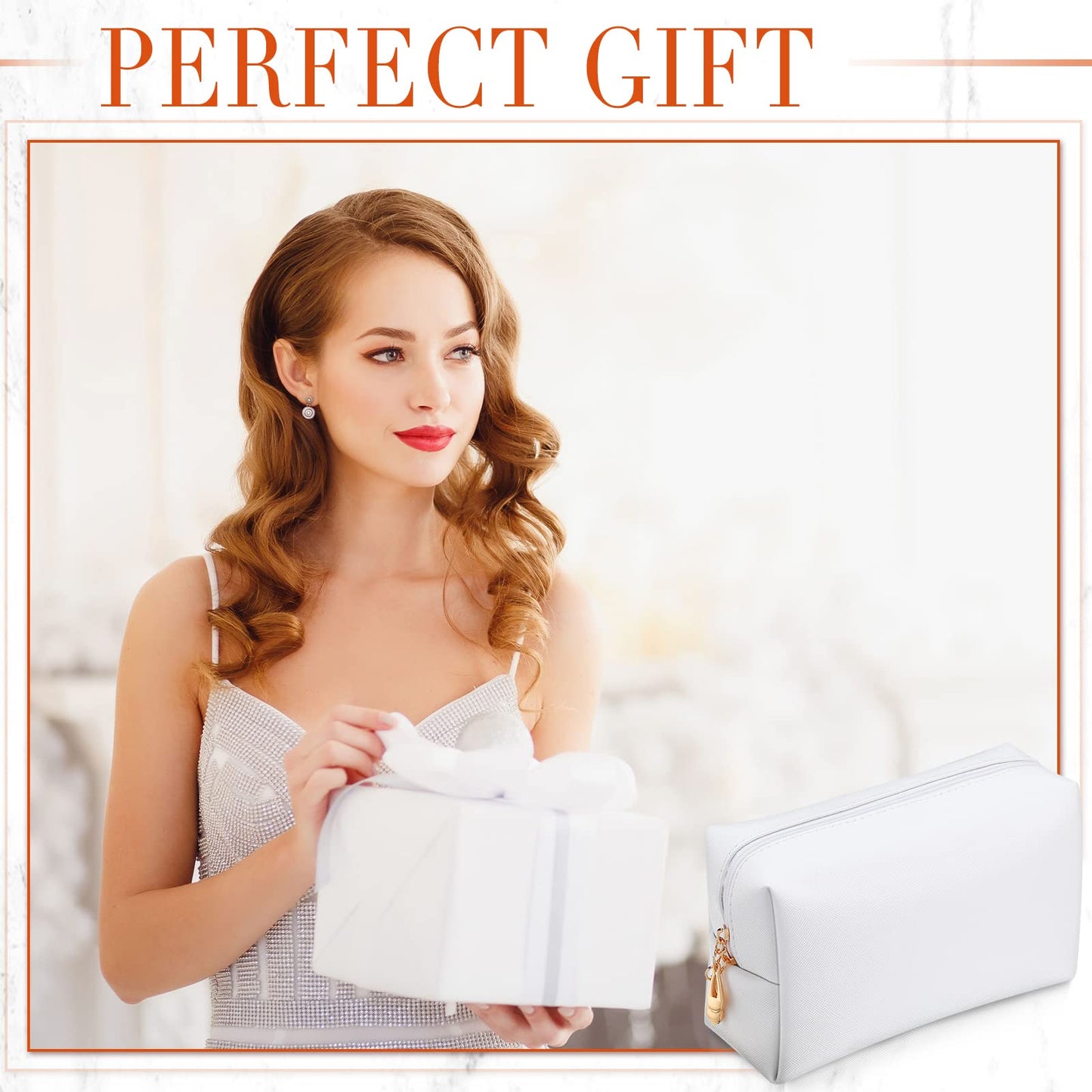 Sanwuta 9 Pcs Makeup Bags Bulk PU Double Zippers Cosmetic Bag Makeup Toiletry Small Pouch Portable Travel Organizers Case for Women Bridesmaid Proposal Gifts(White)