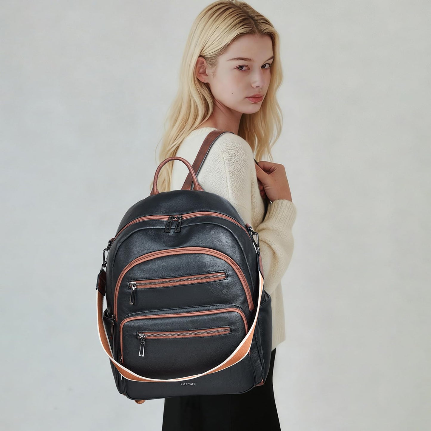 LATMAP Backpack Purse for Women Laptop Backpack, Leather Travel Backpack Shoulder Bag Teacher College Daypack Work Handbag fits 14" Laptop-Black with Brown