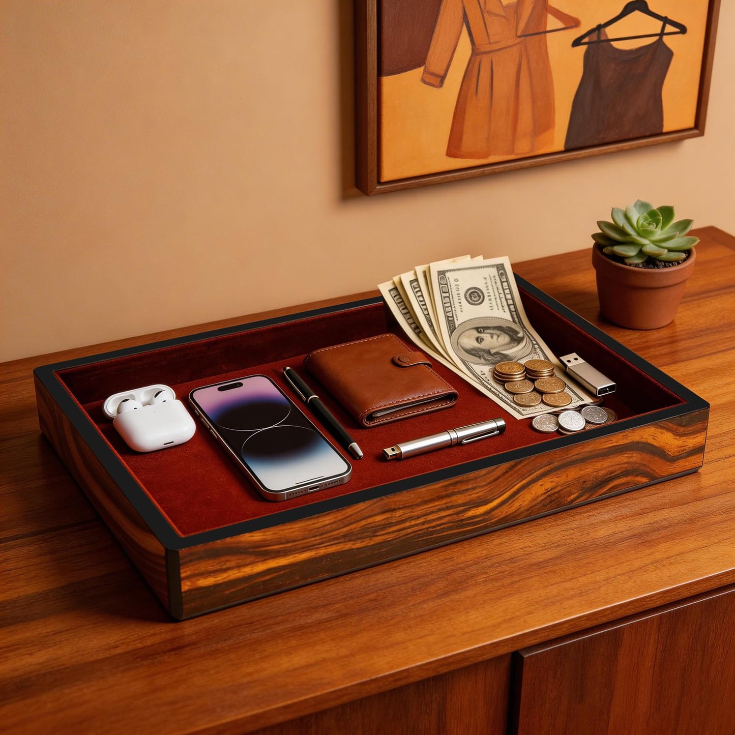 Socospace Wooden Valet Tray with Velvet Lining, EDC Desktop Catchall Organizer, Storage Tray for Jewelry, Wallets, Watches, Keys, Glasses, Perfect for Nightstand, Dresser, Entryway Bedside