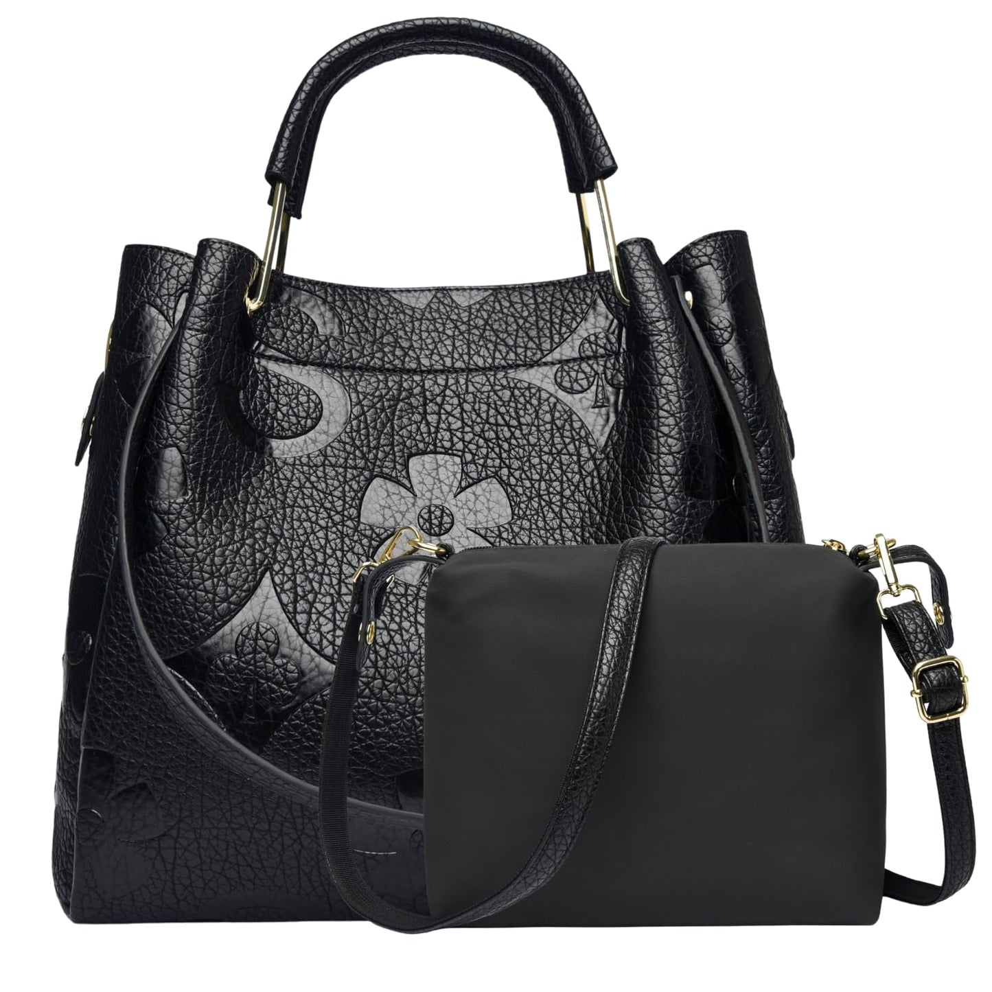Travistar Floral Handbags and Purses Women - Retro Embossed Leather Top Handle Handbag Large Women's Shoulder Bag 3-in-1 Trendy Hobo Purse Ladies Bucket Satchel Bags Black Work Tote
