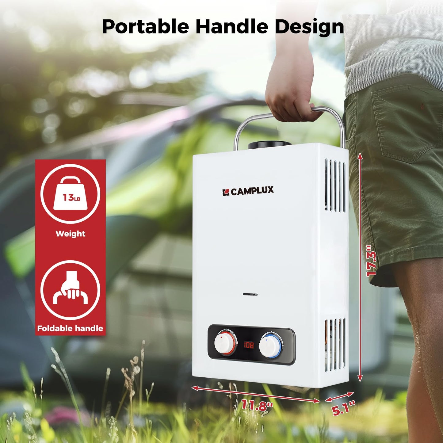 CAMPLUX 1.58 GPM Portable Tankless Water Heater with Water Pump Kit, Propane Water Heater Outdoor with 1.2 GPM Pump, 41,000 BTU, BD158P43