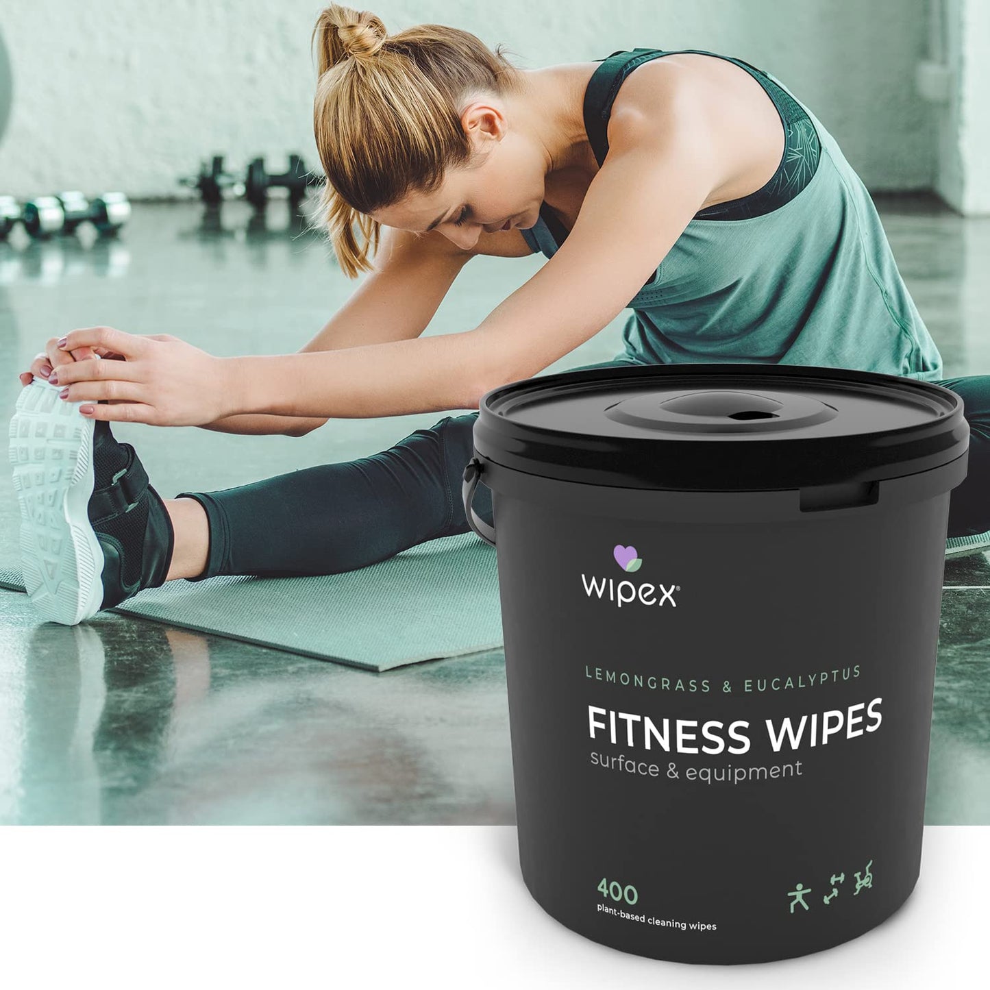 Wipex Yoga Mat Cleaner Wipes - Plant-Based Lemongrass, Eucalyptus & Vinegar Wipes for Gym & Fitness Equipment & All Purpose Gym Cleaning - Safe for Peloton Bikes & Treadmills - 400 Count