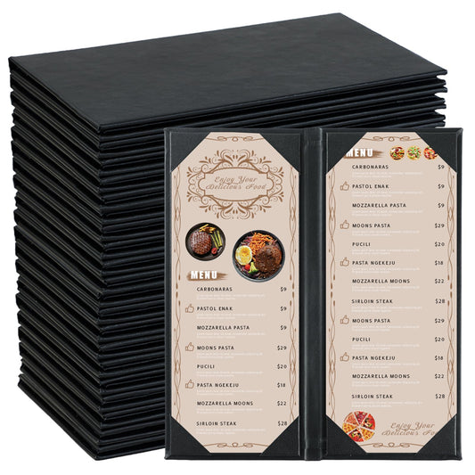 FLKQC 20 Pack Restaurant Menu Covers Holders 4.25" X 11", 2 Pack 2 View Synthetic Leather Menu Holder Covers Book Style with Angled Corners Black for Wine List, Morning Menu, Wine Menu (20, 2 Page)
