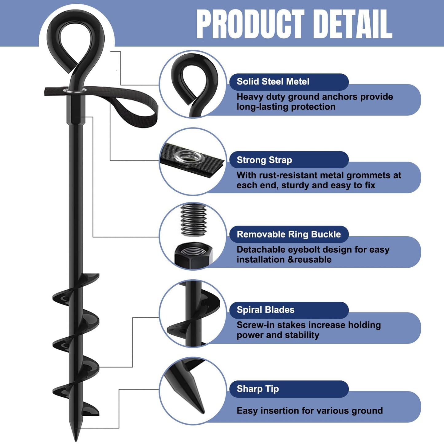 Eurmax USA 4 Pack Heavy Duty Ground Stakes&Anchors,Commercial Spiral Screw-in Trampoline Stakes with Reinforced Tie-Down Straps,High Wind Stabilizing Kit for Canopies,Outdoor Sheds,Swing Sets(Black)