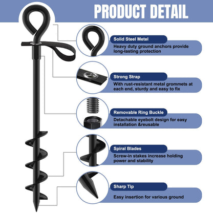 Eurmax USA 4 Pack Heavy Duty Ground Stakes&Anchors,Commercial Spiral Screw-in Trampoline Stakes with Reinforced Tie-Down Straps,High Wind Stabilizing Kit for Canopies,Outdoor Sheds,Swing Sets(Black)