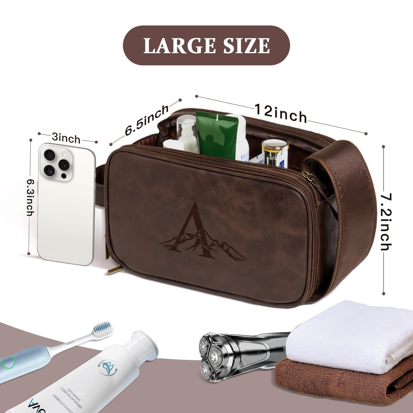 Janhavi Travel Toiletry Bag For Men Waterproof, Groomsmen Gifts Personalized Leather Engraved Initials & Mountain, Mens Dopp Kit Bag, Birthday Gifts For Men, Travel Tssentials (Dark Brown A)