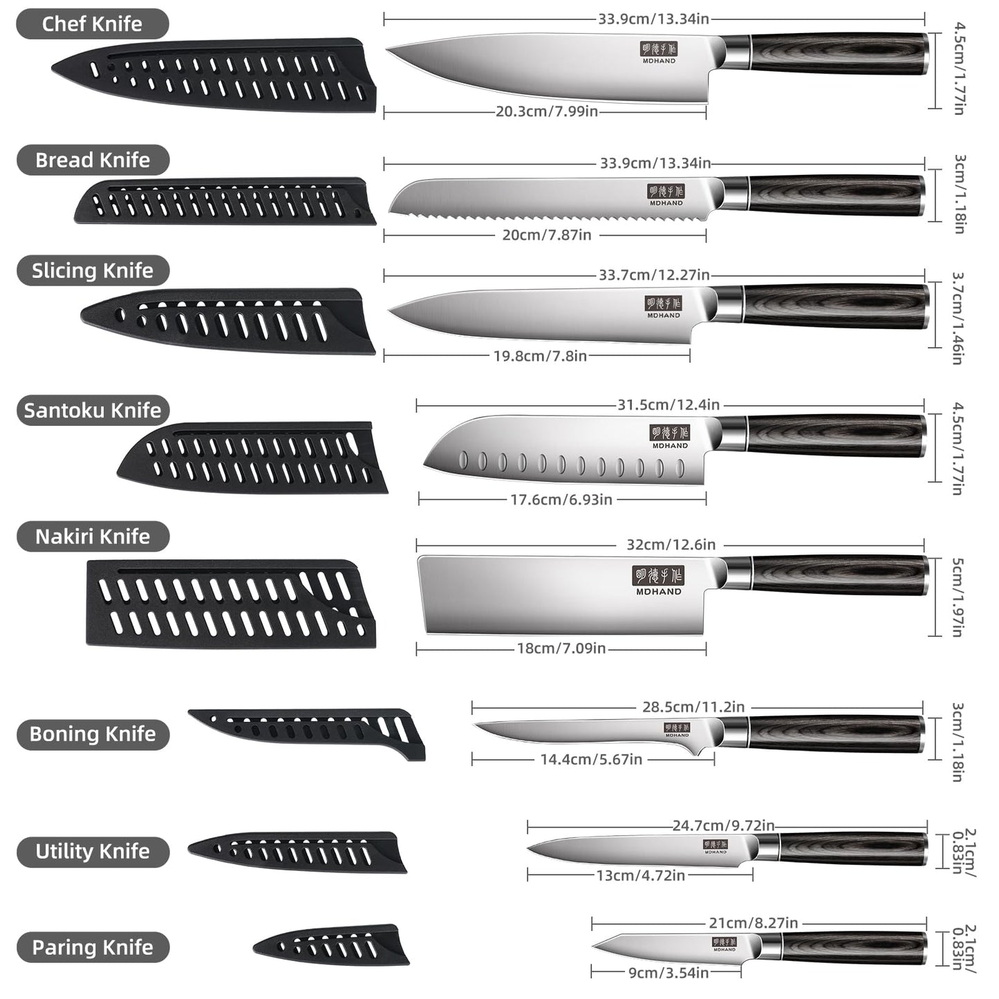 MDHAND Chef Knife Set with Roll Bag, 9PCS Professional Knife Sets with Sharpener, High Carbon Stainless Steel Japanese Kitchen Knives - Black Pakkawood Handle, Dishwasher Safe, For Cooking, Chef Gifts