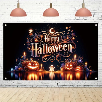 Tomhong Halloween Pumpkin Ghost Light 71x43 Inch Large Party BannerSpooky Jack O Lantern Haunted House Wall Hanging for Trick or Treat Night Indoor OutdoorHoliday Decoration