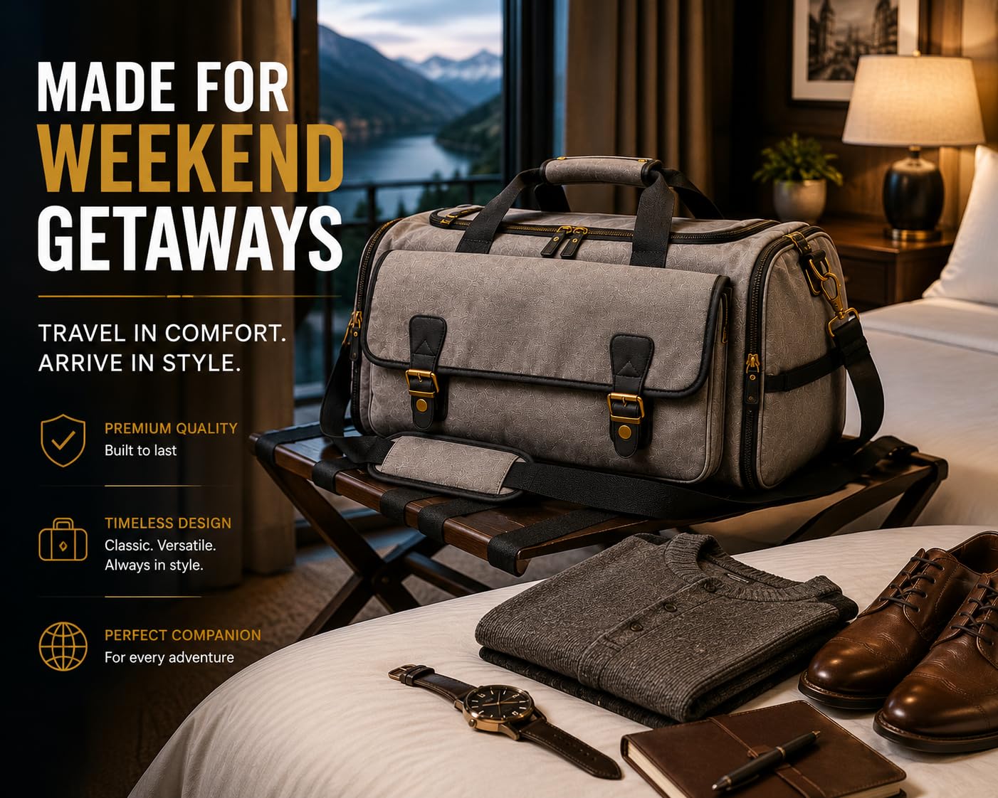 Oversized Canvas Weekender Duffel Bag for Men, Gift for Dad, Genuine Leather Trim & Brass Hardware, 23" Carry-On Travel Bag, Large Overnight Weekend Bag, Gray