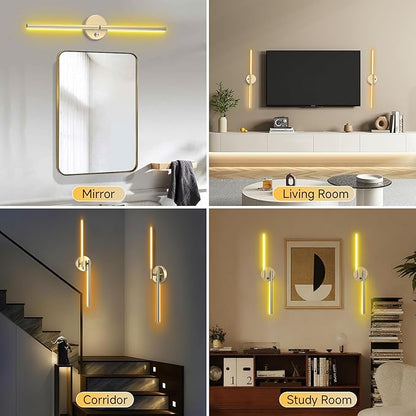 Battery Operated Wall Sconce Set of 2,Wireless Wall Lights with Remote, 360°DIY Rotatable RGB Lamp with Timer, 3000K-6500K LED Dimmable Wall Decor for Vanity, Living Room, Hallway Gold