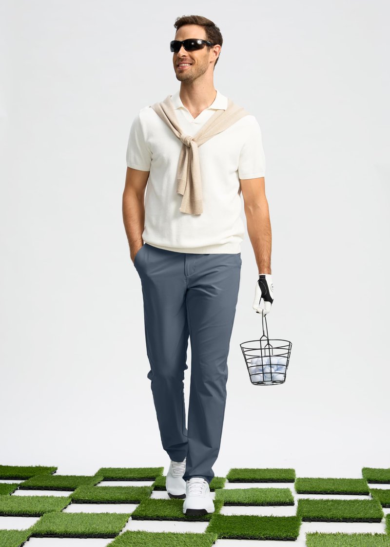 Pudolla Men's Golf Pants Work Dress Comfy Pants Casual Slacks Trousers with Pockets(Grey_Blue 42Wx30L)