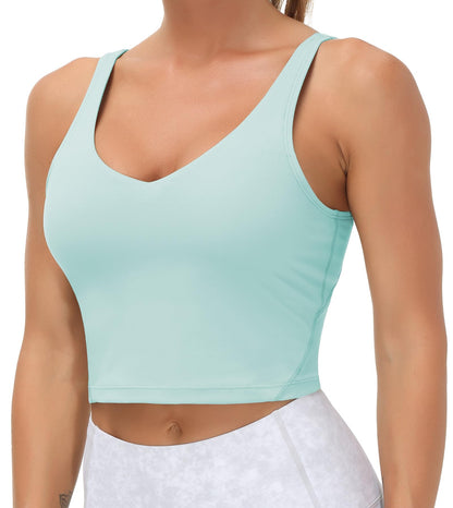 Women’s Longline Sports Bra Wirefree Padded Medium Support Yoga Bras Gym Running Workout Tank Tops (Light Blue, Large)
