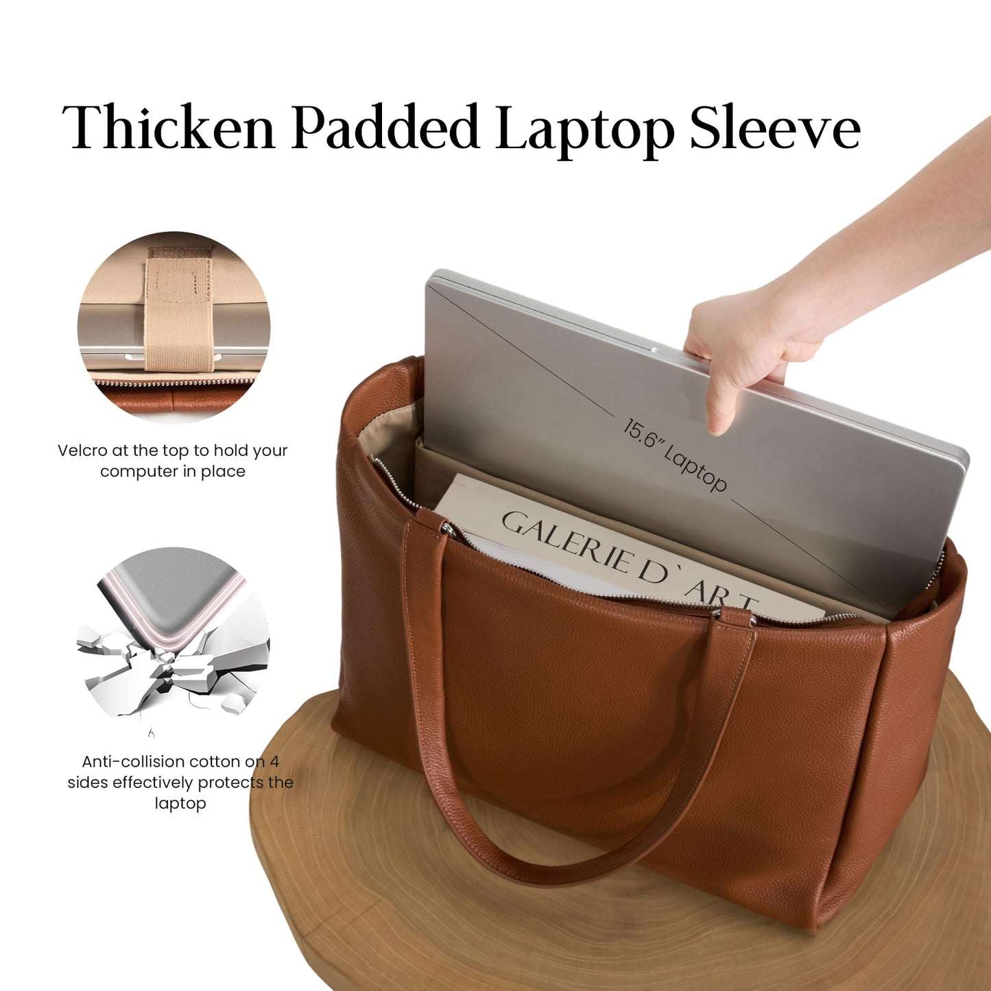 befen Real Leather Work Tote Bag for Women Ladies Totes Shoulder Purse Satchel Handbags with 15.6" Compartment & Water Cup Holder Cognac Brown