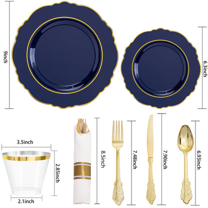 Liacere 350PCS Navy Blue Plastic Plates-Disposable Blue Gold Plates 50guest Plastic Dinnerware include 100Plates,50Pack Pre Rolled Napkins with Silverware 50Cups for Wedding＆Back to School&Labor Day
