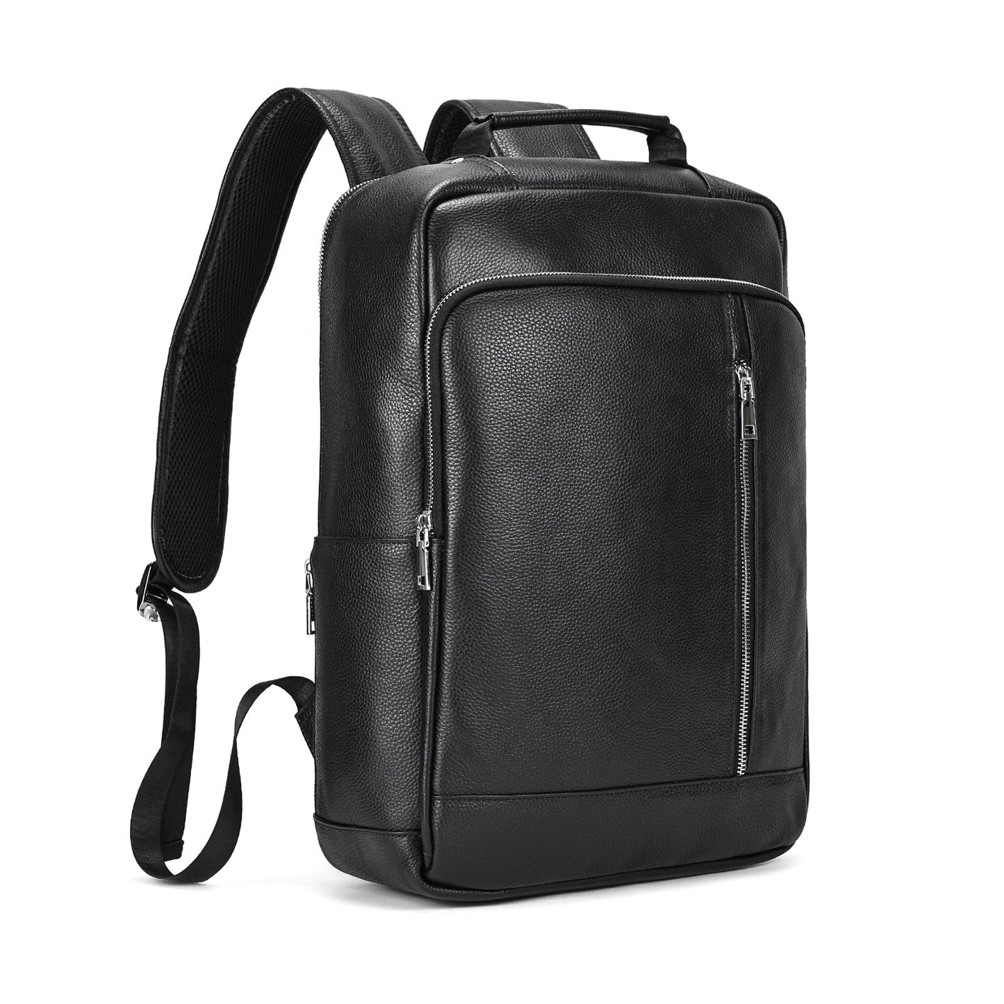 Yevabo Genuine Leather 15.6 Inch Laptop Backpack for Men, Multi Pocket Slim Daypack Shoulder Bag with Trolley Sleeve for Business Travel (Black)