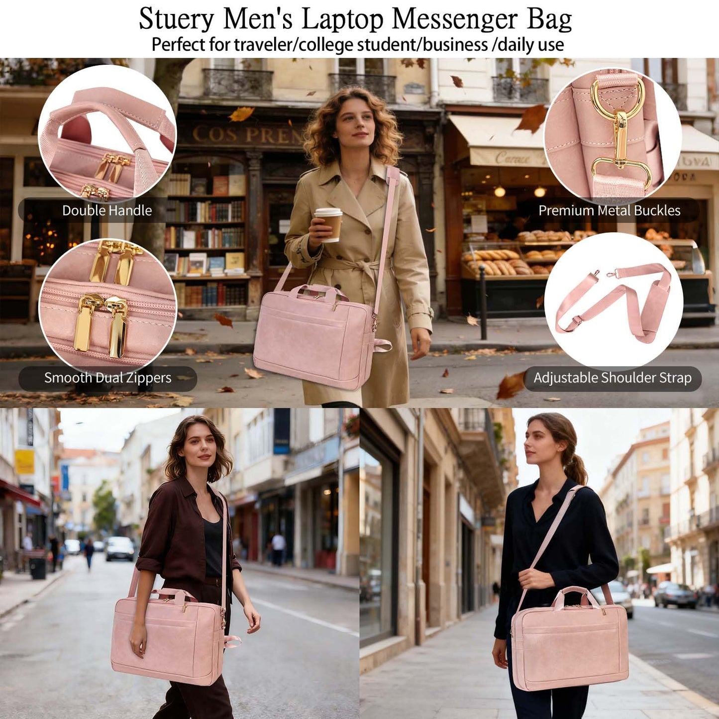 Stuery Faux Leather Messenger Bag for Men 17-17.3 Inch: Laptop Bag Briefcase Computer Handbags Shoulder Crossbody Bag with Padded Laptop Sleeve for Work College Travel, PU Pink