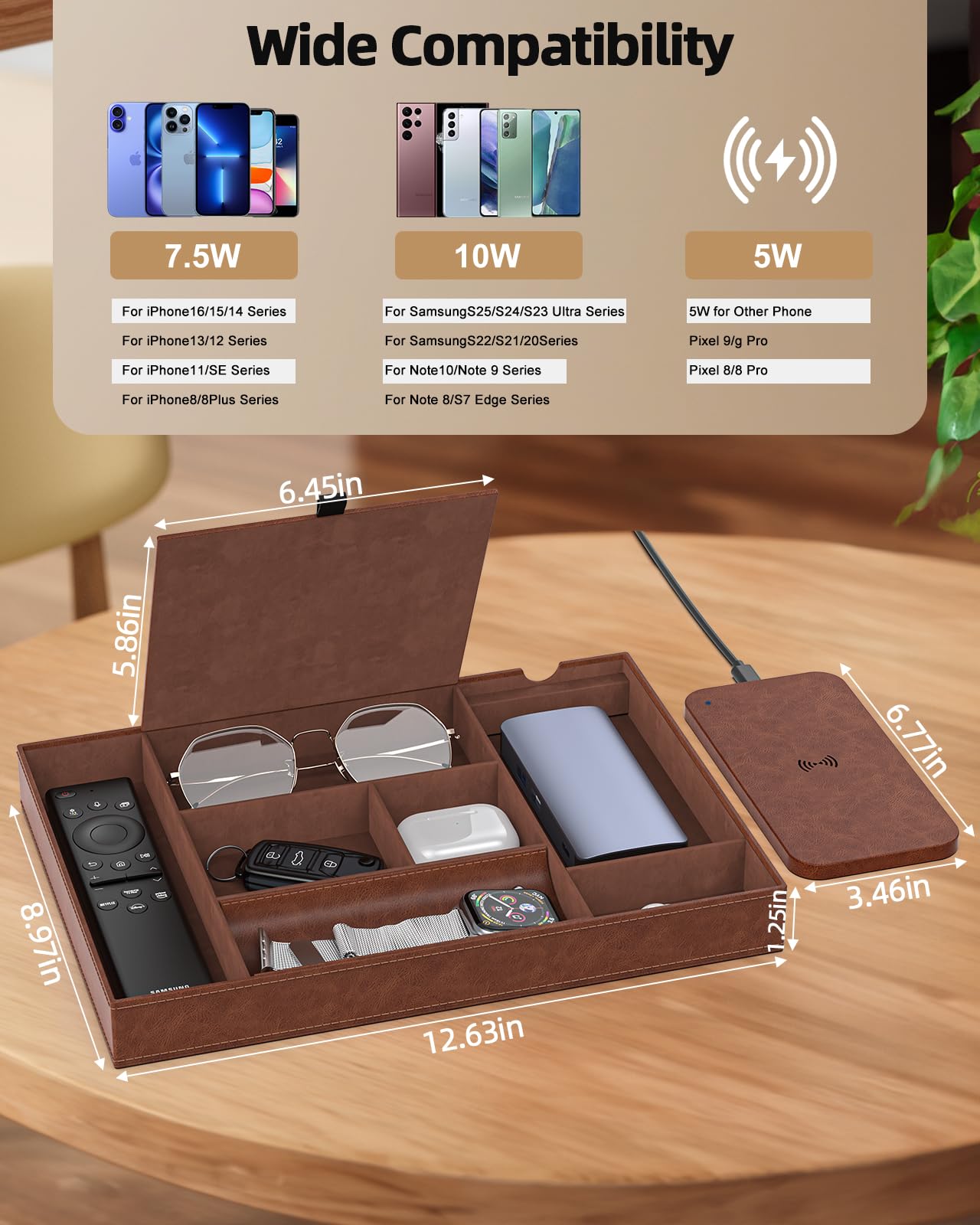 Leather Valet Tray with Wireless Charging Pad - Luxury EDC Nightstand Organizer for Men - Premium Desk Tray for Phone, Watch, Glasses & Keys - Sleek Office Desk Accessories & Gift for Him, Brown