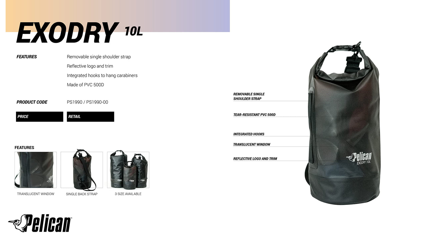 Pelican ExoDry 10L Small Drybag - Waterproof - Shoulder Strap - Thick & Lightweight - Roll Top Dry Compression - Keeps Gear Dry for Kayaking, Beach, Rafting and Fishing - Black