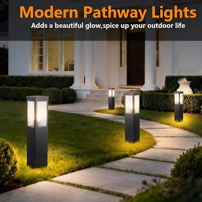 Outdoor Landscape Path Light Stainless Steel Waterproof Bollard Lighting Hardwired E26 Glass Post Pillar Lights Black Modern Lawn Lighting Outside House Pathway Lamp For Garden Patio Yard Street Light